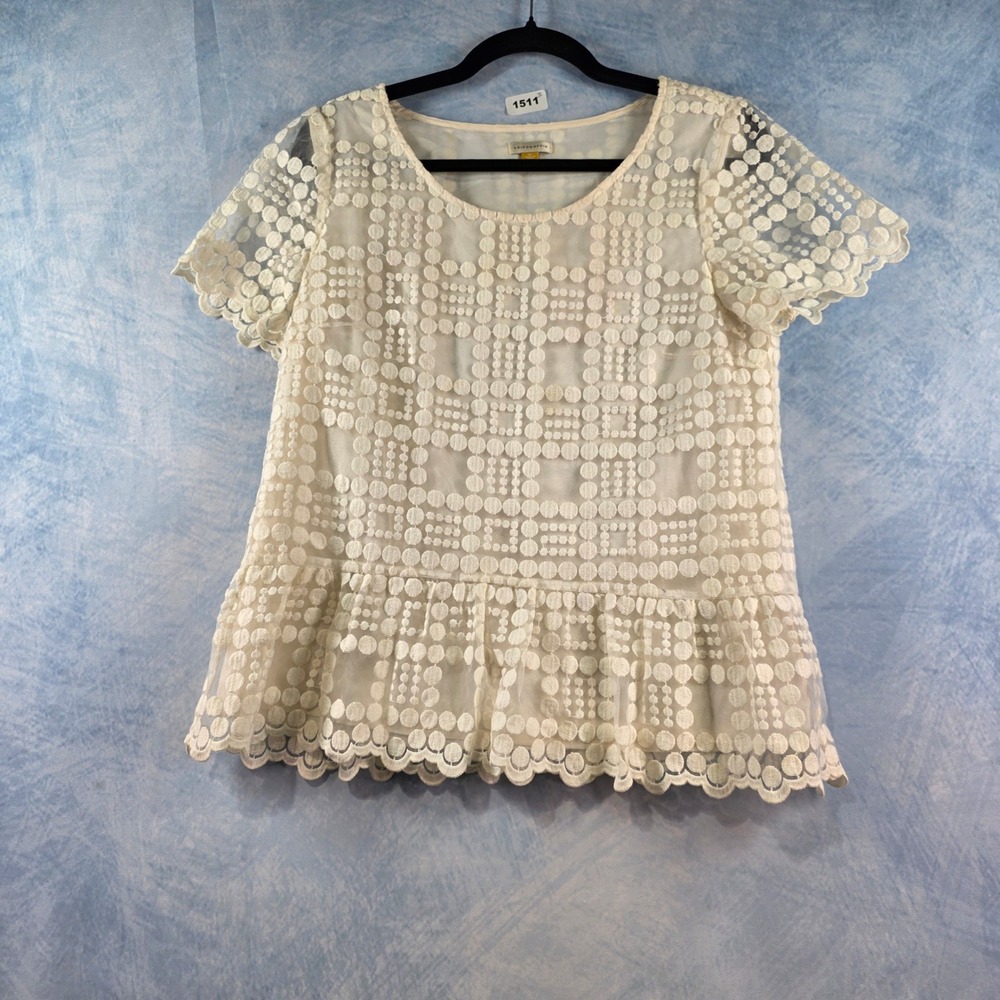Leifsdottir Ivory Cream Lace Peplum Top Short Sleeve Geometric Circle Sz 10